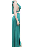 Green Sexy Solid Bandage Hollowed Out Backless Slit Halter Straight Dresses