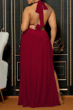 Burgundy Sexy Solid Bandage Hollowed Out Backless Slit Halter Straight Dresses
