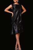 Black Casual Elegant Solid Patchwork Fold O Neck Dresses