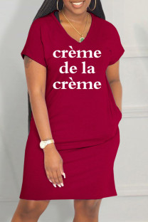 Burgundy Casual Letter Print Basic V Neck Short Sleeve Dress