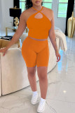 Orange Sexy Solid Bandage Backless Halter Sleeveless Two Pieces