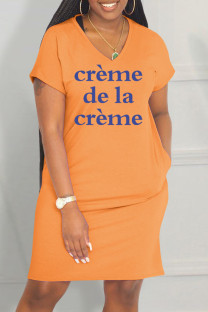 Orange Casual Letter Print Basic V Neck Short Sleeve Dress