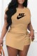 Khaki Casual Print Letter O Neck Short Sleeve Two Pieces