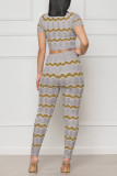 Pink Casual Patchwork O Neck Short Sleeve Two Pieces
