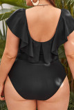 Black Sexy Solid Bandage Patchwork Flounce V Neck Plus Size Swimwear