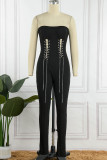Coffee Sexy Solid Patchwork Strapless Skinny Jumpsuits