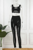Black Sexy Solid Patchwork See-through U Neck Two Pieces