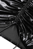 Black Sexy Solid Patchwork Fold V Neck One Step Skirt Dresses