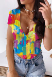 Multi-color Casual Print Patchwork V Neck T-Shirts