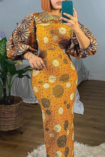 Orange Vintage Print Polka Dot Patchwork O Neck One Step Skirt Dresses