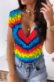 Multi-color Casual Print Patchwork V Neck T-Shirts