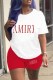 Red Casual Print Letter O Neck Short Sleeve Two Pieces