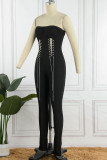 Coffee Sexy Solid Patchwork Strapless Skinny Jumpsuits
