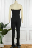 Coffee Sexy Solid Patchwork Strapless Skinny Jumpsuits