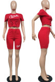 Red Casual Sportswear Print Bandage Patchwork O Neck Short Sleeve Two Pieces