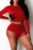 Red Casual Print Ripped O Neck Long Sleeve Two Pieces
