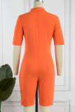 Orange Casual Letter Patchwork Basic Zipper Collar Skinny Romper