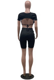Black Casual Solid Frenulum Backless O Neck Short Sleeve Two Pieces