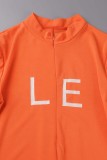 Orange Casual Letter Patchwork Basic Zipper Collar Skinny Romper
