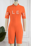 Orange Casual Letter Patchwork Basic Zipper Collar Skinny Romper