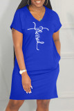 Blue Casual Print Basic V Neck Short Sleeve Dress