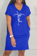 Blue Casual Print Basic V Neck Short Sleeve Dress