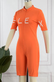 Orange Casual Letter Patchwork Basic Zipper Collar Skinny Romper