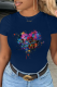 Navy Blue Street Print Patchwork O Neck T-Shirts