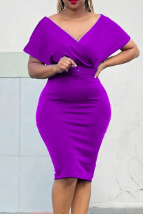 Purple Casual Elegant Solid Patchwork With Belt V Neck Pencil Skirt Dresses
