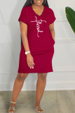 Blue Casual Print Basic V Neck Short Sleeve Dress
