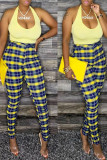 Yellow Sexy Plaid Print Patchwork Halter Sleeveless Two Pieces