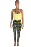 Yellow Sexy Plaid Print Patchwork Halter Sleeveless Two Pieces
