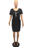 Blue Casual Print Basic V Neck Short Sleeve Dress