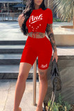 Tangerine Red Casual Sportswear Print Bandage Patchwork O Neck Short Sleeve Two Pieces