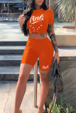 Tangerine Red Casual Sportswear Print Bandage Patchwork O Neck Short Sleeve Two Pieces