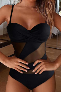 Black Sexy Solid Bandage Patchwork See-through Backless Swimwears