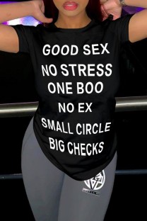 Black Casual Letter Print Basic O Neck T-Shirts