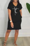 Blue Casual Print Basic V Neck Short Sleeve Dress