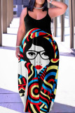 Colour Casual Print Patchwork Spaghetti Strap Lantern Skirt Plus Size Dresses