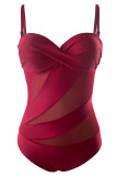 Burgundy Sexy Solid Bandage Patchwork See-through Backless Swimwears