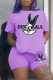 Purple Casual Character Print Letter O Neck Short Sleeve Two Pieces