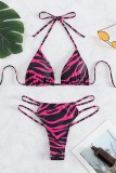 Rose Red Sexy Print Bandage Backless Swimwears (With Paddings)