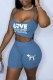 Light Blue Street Print Letter Spaghetti Strap Sleeveless Two Pieces
