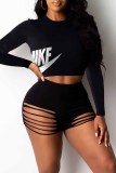 Red Casual Print Ripped O Neck Long Sleeve Two Pieces