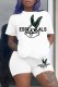 White Casual Character Print Letter O Neck Short Sleeve Two Pieces