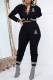 Black Casual Print Letter Mandarin Collar Long Sleeve Two Pieces