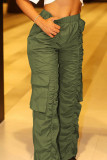 Army Green Casual Solid Patchwork Pocket Fold High Waist Straight Solid Color Bottoms