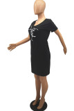 Blue Casual Print Basic V Neck Short Sleeve Dress