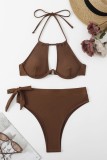Coffee Sexy Solid Hollowed Out Backless Swimwears (With Paddings)