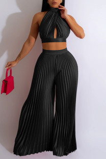 Black Sexy Solid Hollowed Out Patchwork Backless Fold Halter Sleeveless Two Pieces